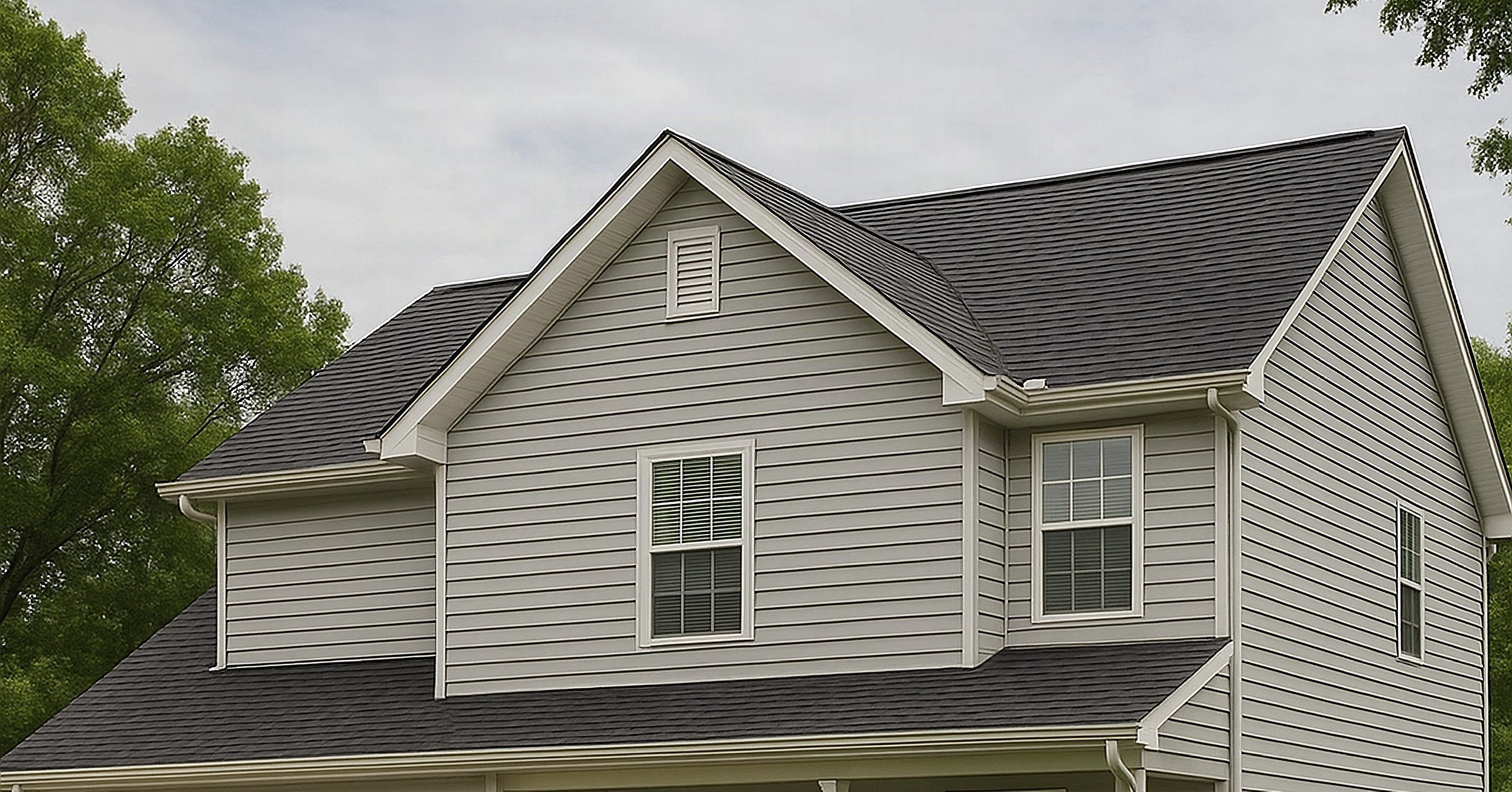 Illustrative example: the same Knoxville-area home after re-roofing, with a new, intact dark asphalt shingle roof and straight, unbroken shingle courses on every plane