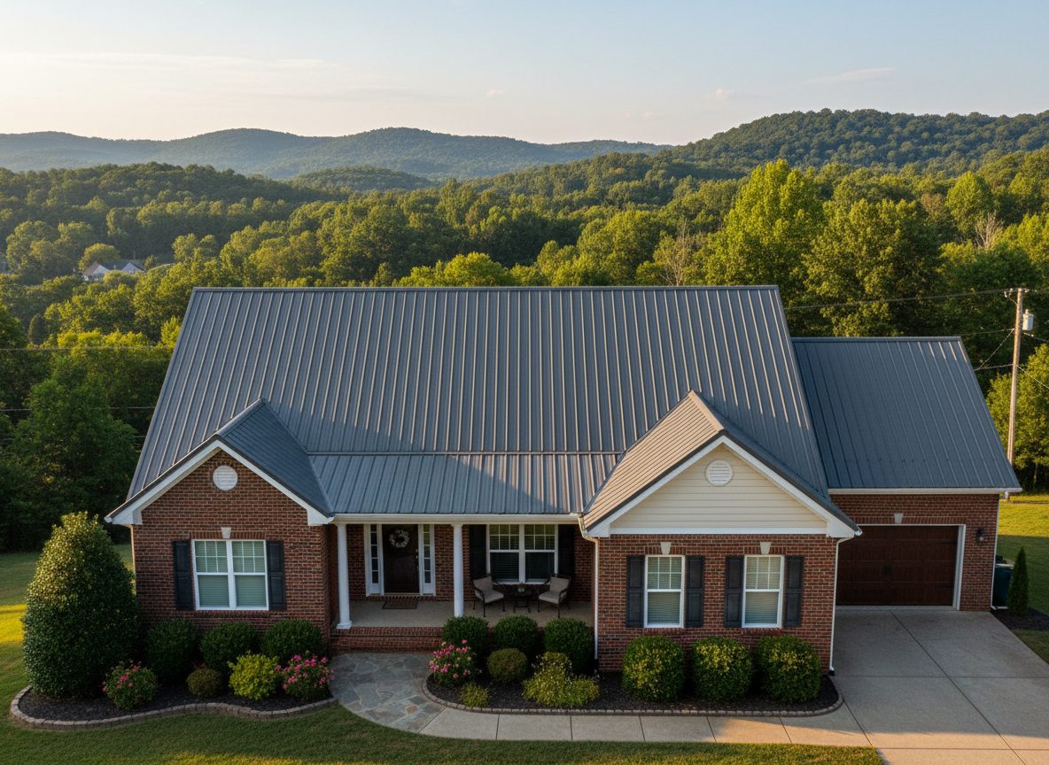 An East Tennessee brick home with a charcoal standing-seam metal roof against green wooded hills