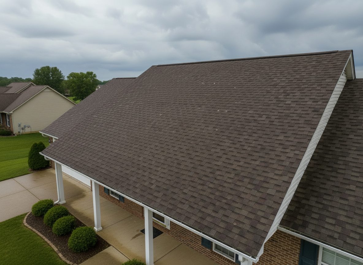 The same roof fully repaired with new matching shingles and the tarp removed